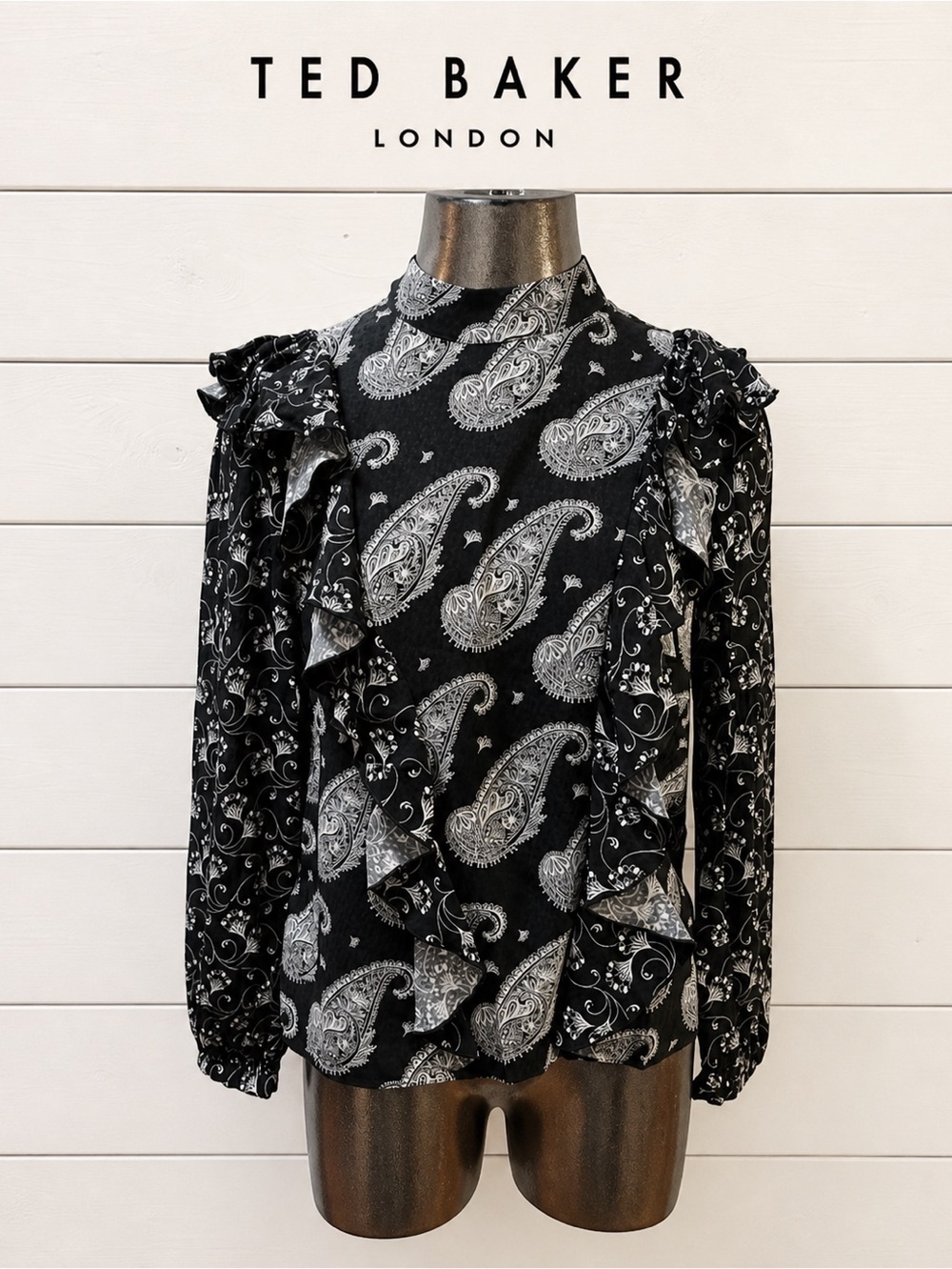 TED BAKER London – Black & White Paisley Waterfall Frill Top (Size 2 / US S)